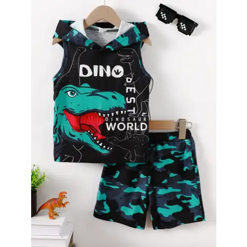 Adorable Dinosaur Sleeveless Hooded Two Piece Set Black