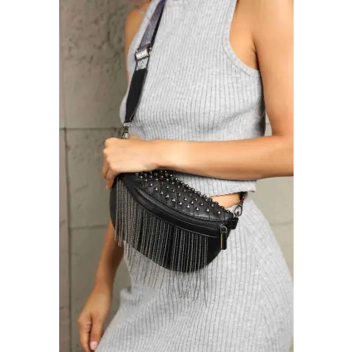 Edgy Leather Studded Sling Bag with Fringe Flair Black One Size