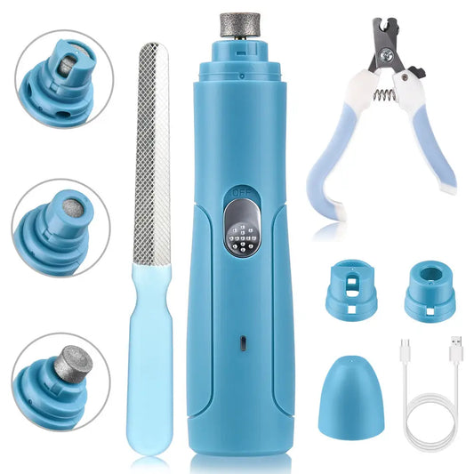 Electric Pet Nail Grinder & Clipper Set - USB Rechargeable Grooming Kit Blue