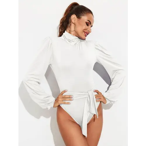 Elegant Backless Tie-Waist Turtleneck Lantern Sleeve Bodysuit