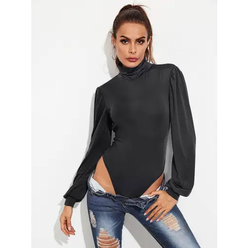 Elegant Backless Tie-Waist Turtleneck Lantern Sleeve Bodysuit