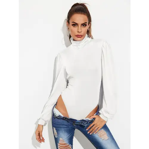 Elegant Backless Tie-Waist Turtleneck Lantern Sleeve Bodysuit