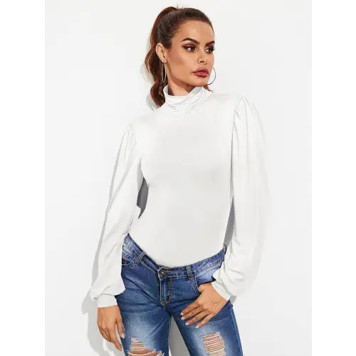 Elegant Backless Tie-Waist Turtleneck Lantern Sleeve Bodysuit