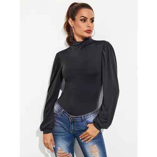 Elegant Backless Tie-Waist Turtleneck Lantern Sleeve Bodysuit