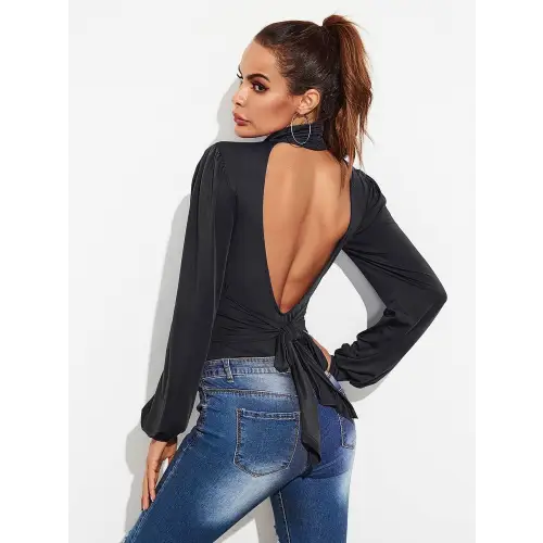 Elegant Backless Tie-Waist Turtleneck Lantern Sleeve Bodysuit Black
