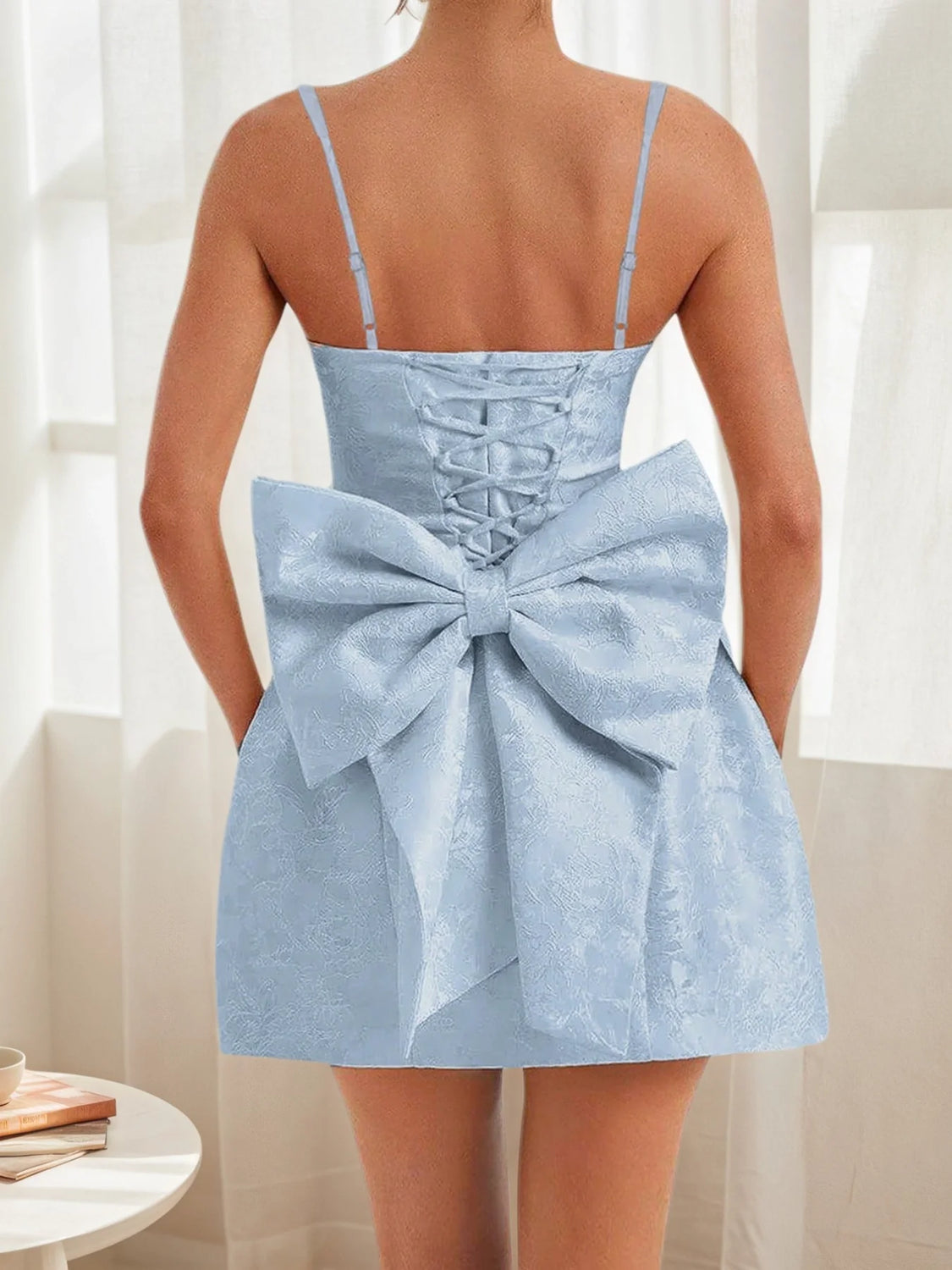 Elegant Bow Light Blue Lace-Up Dress