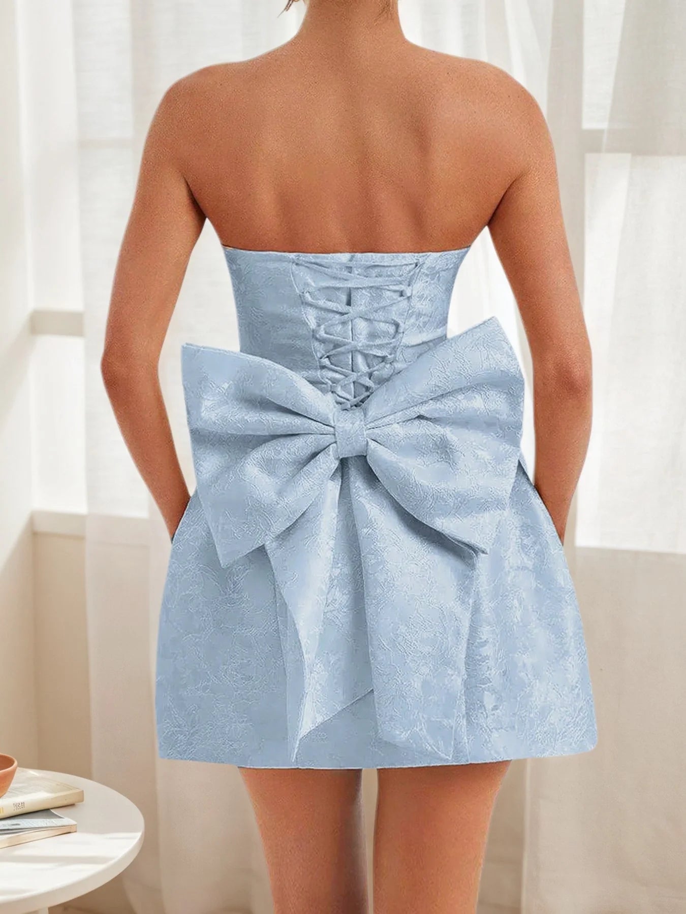 Elegant Bow Light Blue Lace-Up Dress