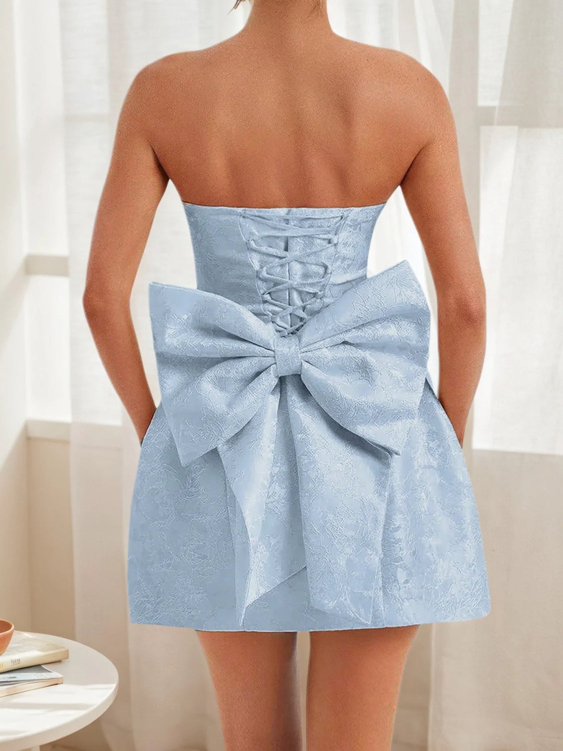Elegant Bow Light Blue Lace-Up Dress