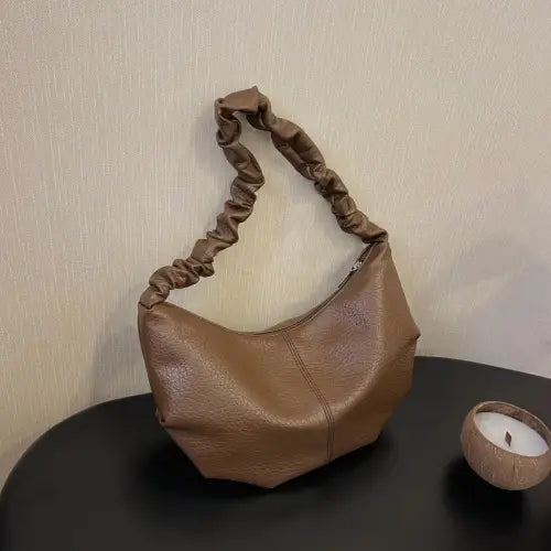 Elegant Brown Leather Shoulder Bag with Gathered Handle Brown One Size