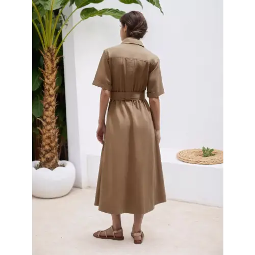Classy Belted Khaki Dress