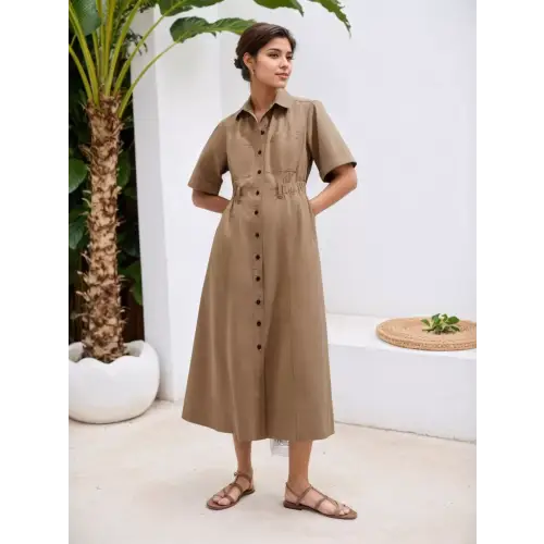 Classy Belted Khaki Dress
