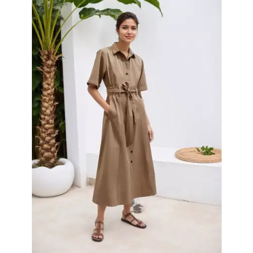 Classy Belted Khaki Dress