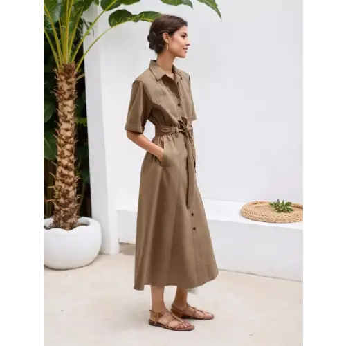 Classy Belted Khaki Dress