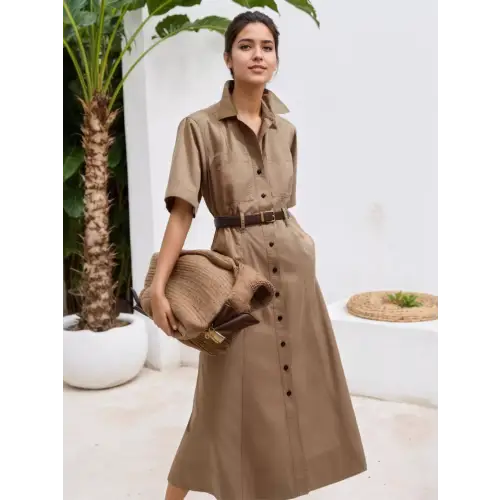 Classy Belted Khaki Dress
