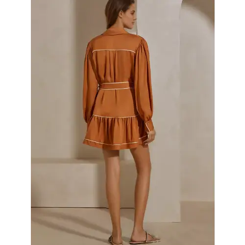 Elegant Orange Tiered Belted Dress