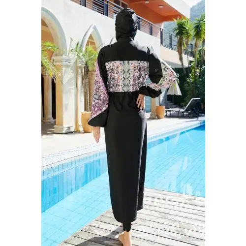 Elegant Drawstring Printed Long Sleeve Dress Swim Set