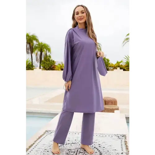 Elegant Lavender Drawstring Mock Neck Long Sleeve Swim Set Lavender