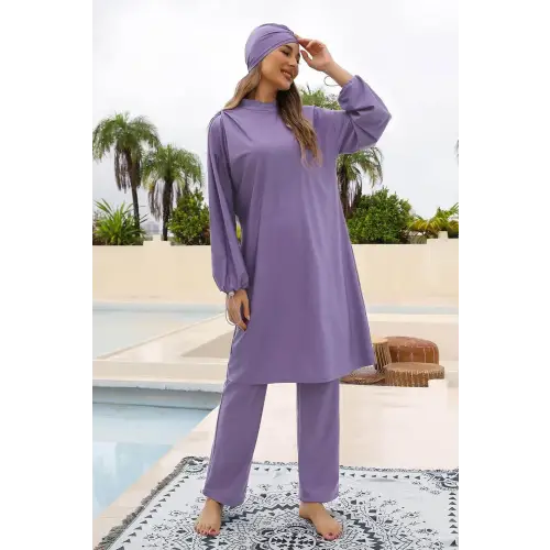 Elegant Lavender Drawstring Mock Neck Long Sleeve Swim Set