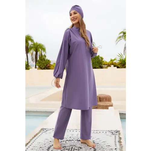 Elegant Lavender Drawstring Mock Neck Long Sleeve Swim Set