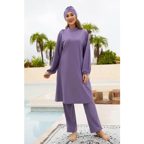 Elegant Lavender Drawstring Mock Neck Long Sleeve Swim Set