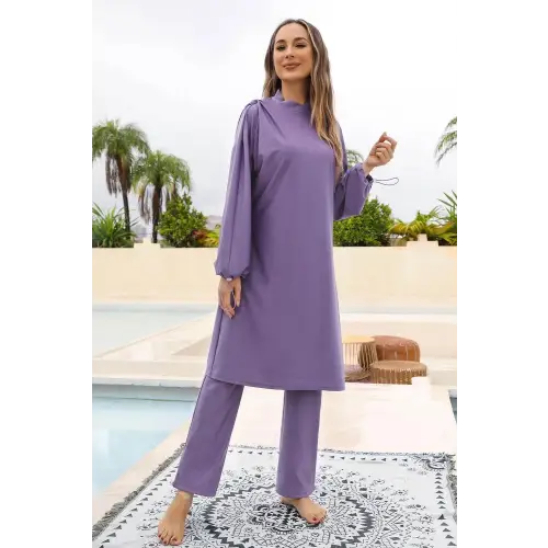 Elegant Lavender Drawstring Mock Neck Long Sleeve Swim Set