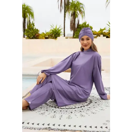 Elegant Lavender Drawstring Mock Neck Long Sleeve Swim Set