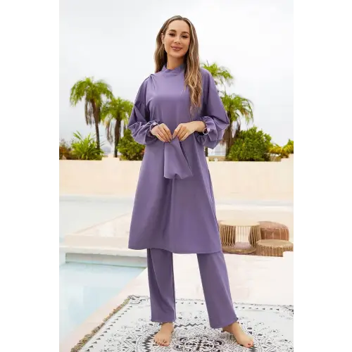 Elegant Lavender Drawstring Mock Neck Long Sleeve Swim Set