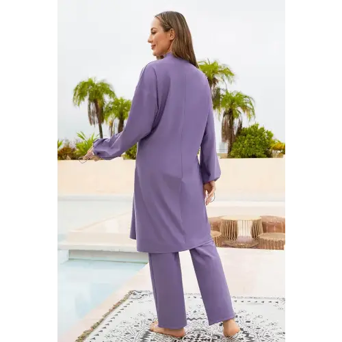 Elegant Lavender Drawstring Mock Neck Long Sleeve Swim Set