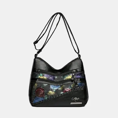 Elegant Leather Rose Pattern Shoulder Bag for Stylish Women Black One Size