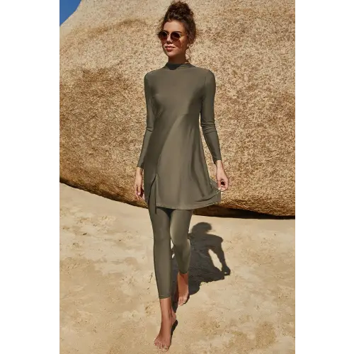 Elegant Olive Slit Mock Neck Long Sleeve Pants Swim Set