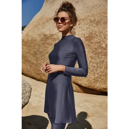 Elegant Olive Slit Mock Neck Long Sleeve Pants Swim Set