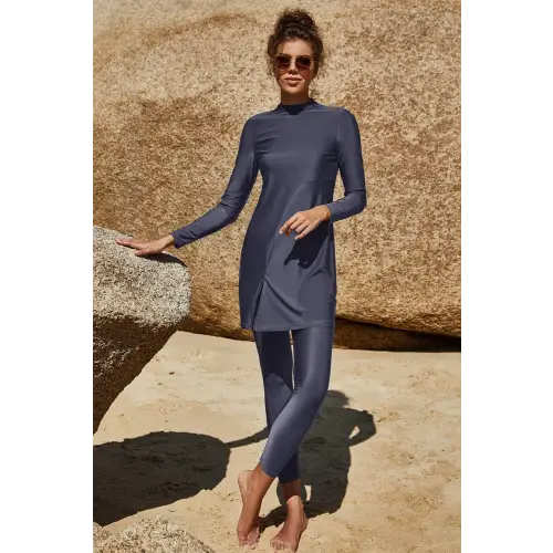 Elegant Olive Slit Mock Neck Long Sleeve Pants Swim Set