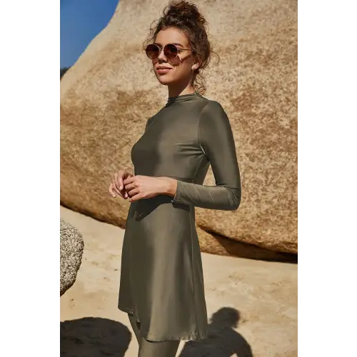 Elegant Olive Slit Mock Neck Long Sleeve Pants Swim Set