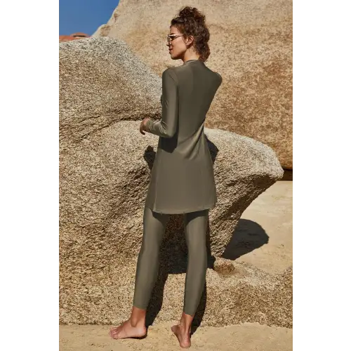 Elegant Olive Slit Mock Neck Long Sleeve Pants Swim Set