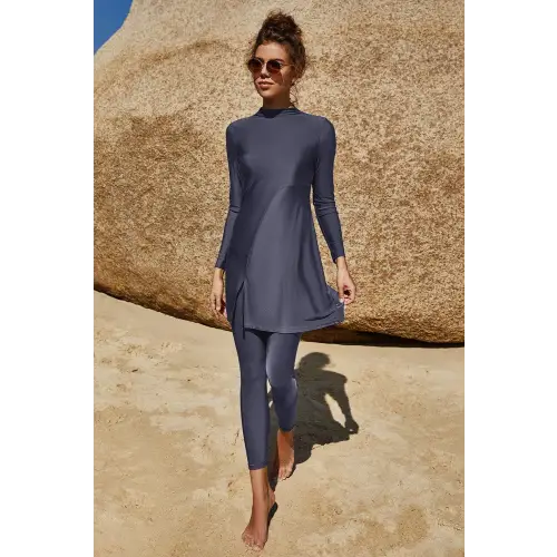 Elegant Olive Slit Mock Neck Long Sleeve Pants Swim Set