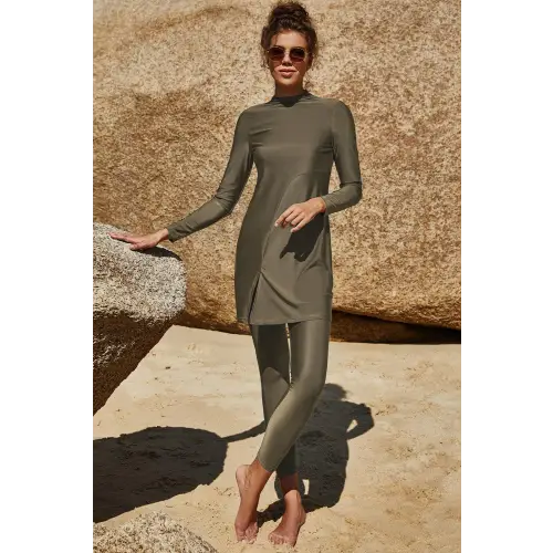 Elegant Olive Slit Mock Neck Long Sleeve Pants Swim Set