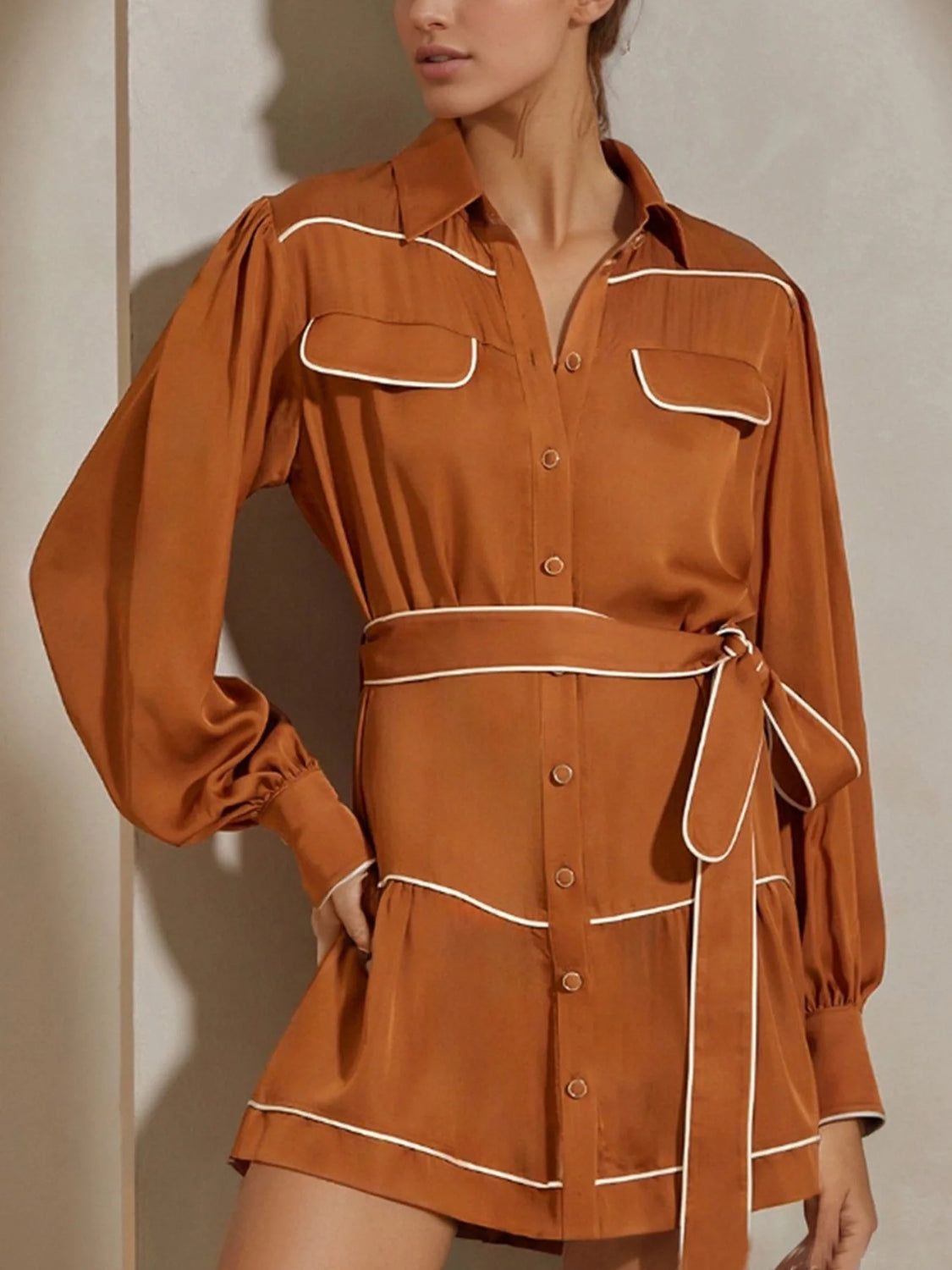 Elegant Orange Tiered Belted Dress