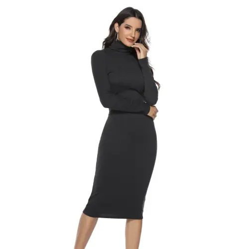 Elegant Ribbed Turtleneck Long Sleeve Dress in Navy Blue