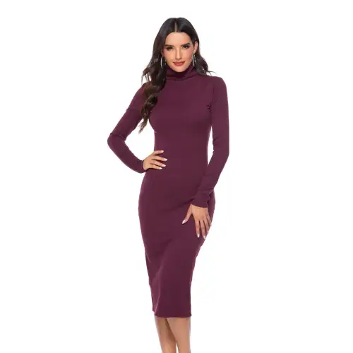 Elegant Ribbed Turtleneck Long Sleeve Dress in Navy Blue