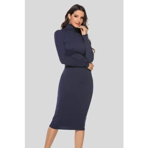 Elegant Ribbed Turtleneck Long Sleeve Dress in Navy Blue Dark Blue
