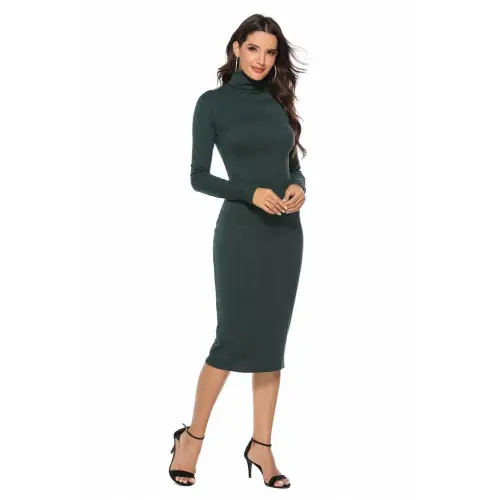 Elegant Ribbed Turtleneck Long Sleeve Dress in Navy Blue