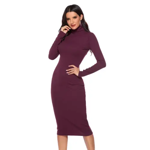 Elegant Ribbed Turtleneck Long Sleeve Dress in Navy Blue