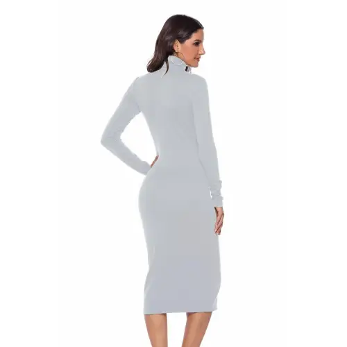 Elegant Ribbed Turtleneck Long Sleeve Dress in Navy Blue