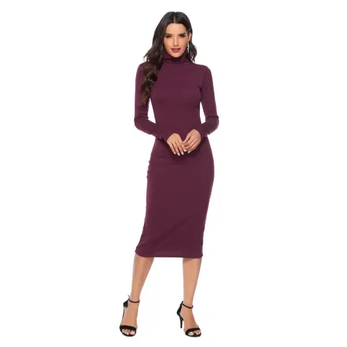 Elegant Ribbed Turtleneck Long Sleeve Dress in Navy Blue