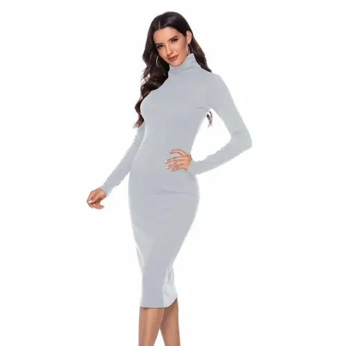 Elegant Ribbed Turtleneck Long Sleeve Dress in Navy Blue