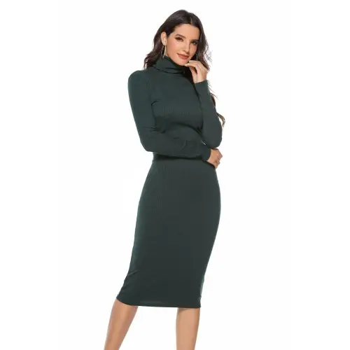Elegant Ribbed Turtleneck Long Sleeve Dress in Navy Blue