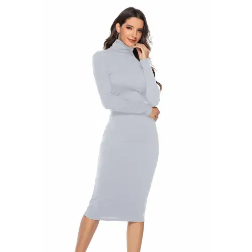 Elegant Ribbed Turtleneck Long Sleeve Dress in Navy Blue