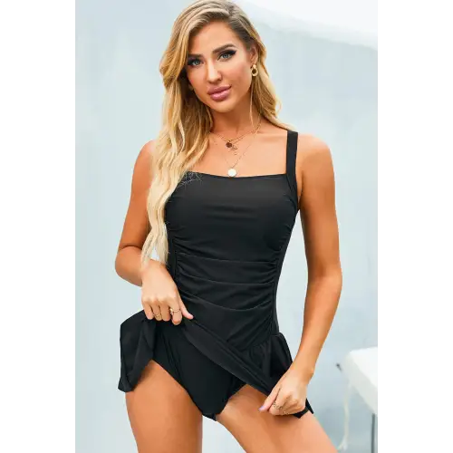 Elegant Ruched Square Neck Sleeveless One-Piece Swim Dress