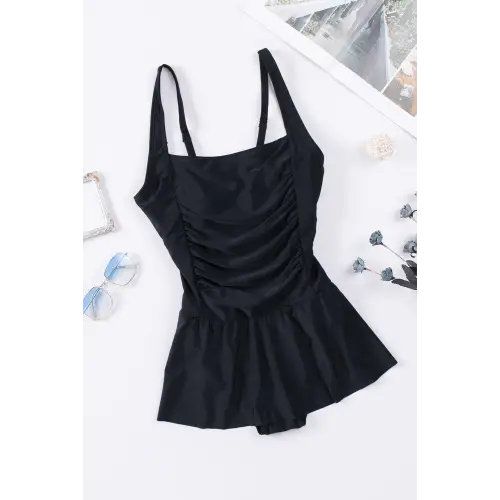 Elegant Ruched Square Neck Sleeveless One-Piece Swim Dress