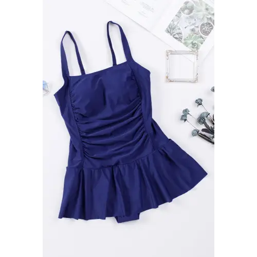 Elegant Ruched Square Neck Sleeveless One-Piece Swim Dress